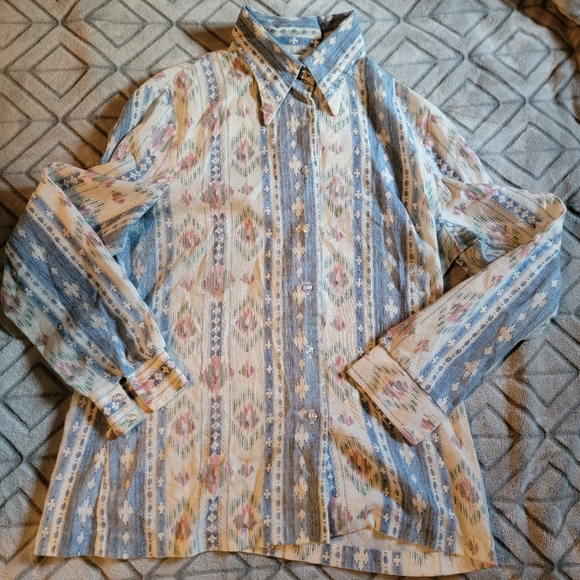 Vintage Queen Casuals Pastel Southewest Print Long Sleeve Button Down Size 18 - Picture 1 of 8